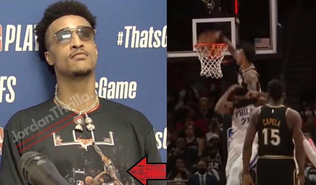 Bleacher Report on X: John Collins pulled up to his interview wearing a  shirt of him dunking on Embiid 💀  / X