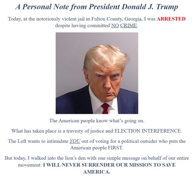 Donald Trump Uses His Mugshot to Promote His Website and Conspiracy ...