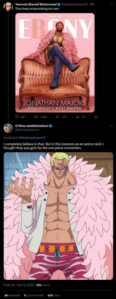 Anime fans believe that the Jonathan Majors EBONY magazine cover pays homage to the One Piece character Donquixote Doflamingo